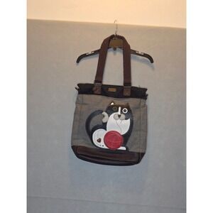 Chala Handbags Tuxedo Cat Yarn Ball Striped Canvas Faux Leather Tote Bag Brown